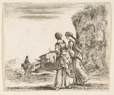 Talíř 3: dvě dívky jdoucí vlevo, při pohledu zezadu, žena na koni t..., ca. 1644-47. od Stefano della Bella