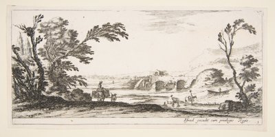 Talíř 3: dva jezdci překračující řeku doprava, žena se dvěma košíky na oslu..., ca. 1641. od Stefano della Bella