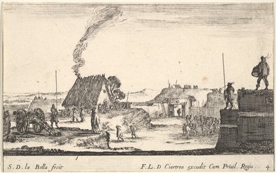 Deska 4: Vojenské ležení s vojákem stojícím na parapetu vpravo beati..., ca. 1641. od Stefano della Bella