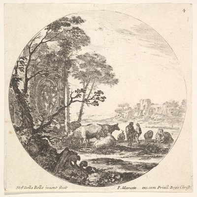 Deska 4: korintská kapitálka na zemi vlevo v popředí, pomník w..., ca. 1643-48. od Stefano della Bella