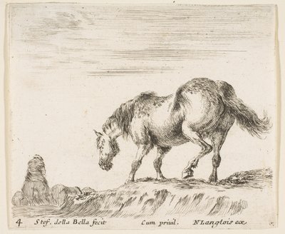 Deska 4: kůň z profilu směřující doleva, který se chystá sestoupit z kopce, kůň..., ca. 1644-47. od Stefano della Bella