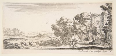 Deska 4: dva poutníci pozorující ruiny vpravo, jeden ukazuje vpravo, ovčák..., ca. 1641. od Stefano della Bella