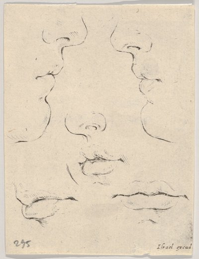 Deska 4: dva profily a tři ústa, z knihy The Book for Learning to Draw Livre po..., ca. 1649. od Stefano della Bella