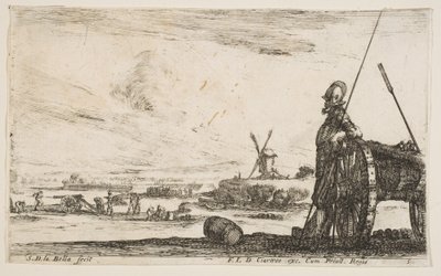 Talíř 5: Pikeman stojící hned vedle děla, další vojenské postavy..., ca. 1641. od Stefano della Bella