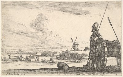 Talíř 5: Pikeman stojící hned vedle děla, další vojenské postavy v ba..., ca. 1641. od Stefano della Bella