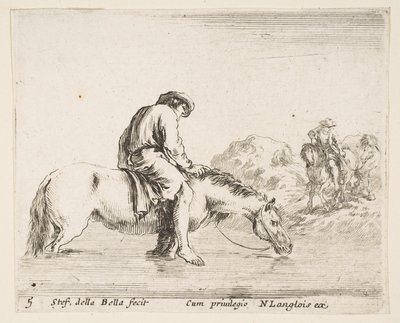 Deska 5: bosý rolník na koni překračující řeku, jiný rolník na koni..., ca. 1644-47. od Stefano della Bella