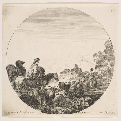 Talíř 5: vlevo žena nesoucí dítě na koni, za ní velbloud, stádo..., ca. 1646. od Stefano della Bella