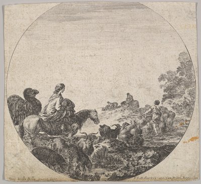 Talíř 5: žena nesoucí dítě na koni vlevo, velbloud za ní, stádo..., ca. 1643-48. od Stefano della Bella