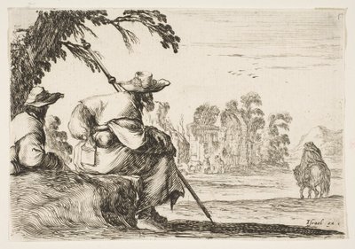 Deska 5: vlevo odpočívají dva poutníci s klobouky, při pohledu zezadu jede jezdec do války..., 1642. od Stefano della Bella