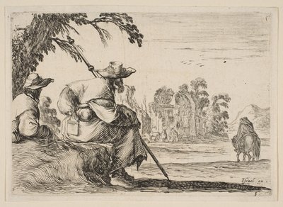 Deska 5: vlevo odpočívají dva poutníci s klobouky, při pohledu zezadu jede jezdec do války..., 1642. od Stefano della Bella