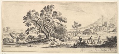 Talíř 6: rybář nesoucí síť vlevo, dva jezdci v proudu vpravo, strom..., ca. 1641. od Stefano della Bella