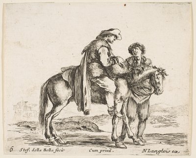 Talíř 6: rolník na koni z profilu směrem doprava, držící košík a t..., ca. 1644-47. od Stefano della Bella