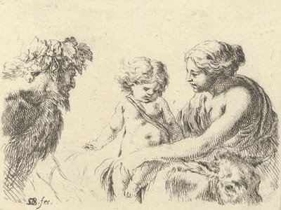 Talíř 6: žena vpravo držící své dítě, které sedí na oslu, satyr v l..., ca. 1646. od Stefano della Bella