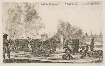 Talíř 6: baterie děl střílejících na město, z Various Military Caprices Varii ..., ca. 1641. od Stefano della Bella