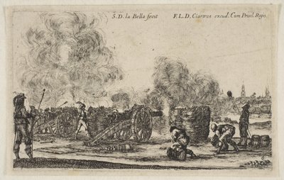 Talíř 6: baterie děl střílejících na město, z Various Military Caprices Varii ..., ca. 1641. od Stefano della Bella