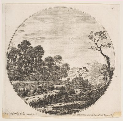 Tabulka 6: krávy překračující údolí vlevo, jezdec a další krávy v pozadí..., ca. 1646. od Stefano della Bella