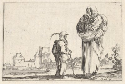 Talíř 7: rolnická žena nesoucí dítě doprava, mluvící s jiným stojícím dítětem..., ca. 1642. od Stefano della Bella