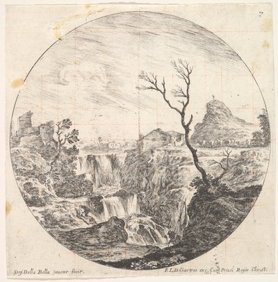 Deska 7: trojitý vodopád, mrtvý strom vpravo, hora a stádo krav do..., ca. 1643-48. od Stefano della Bella