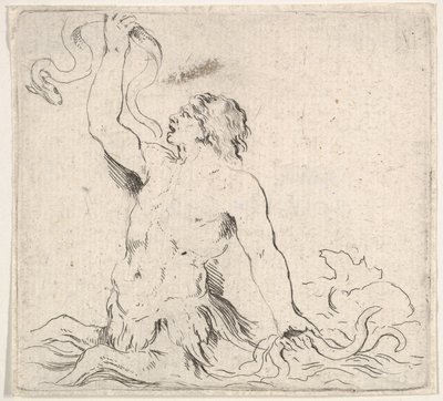 Talíř 7: triton ve vodě, čelem doleva, v pravé ruce drží úhoře a t..., ca. 1646. od Stefano della Bella