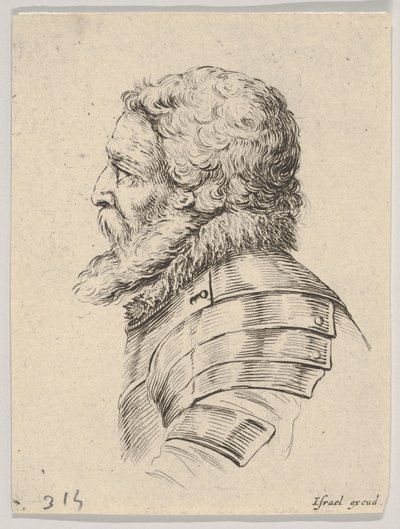 Deska 7: busta vousatého vojáka v brnění, obrácená z profilu doleva, z Různého..., 1650. od Stefano della Bella