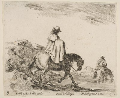 Deska 8: jezdec sjíždí z břehu řeky, další jezdec v řece vpravo, od ..., ca. 1644-47. od Stefano della Bella