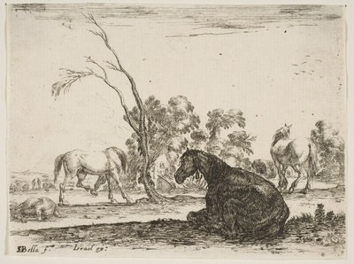 Deska 8: sedící kůň vpravo, při pohledu zezadu a otočený doleva, další tři koně..., 1642. od Stefano della Bella