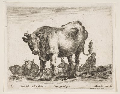 Talíř 8: kráva, z Různá zvířata Diversi animali, ca. 1641. od Stefano della Bella