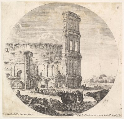 Deska 8: Koloseum, dvě stáda směřující k amfiteátru v před..., ca. 1643-48. od Stefano della Bella