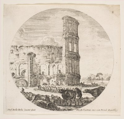 Deska 8: Koloseum, dvě stáda směřující k amfiteátru v popředí..., ca. 1646. od Stefano della Bella