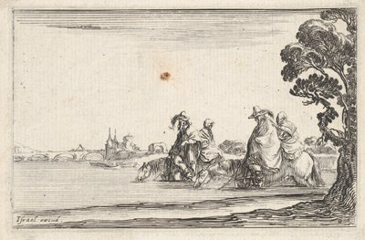 Talíř 8: dva jezdci v kloboucích vpravo, každý se ženou sedící za nimi, jedoucí na..., ca. 1642. od Stefano della Bella