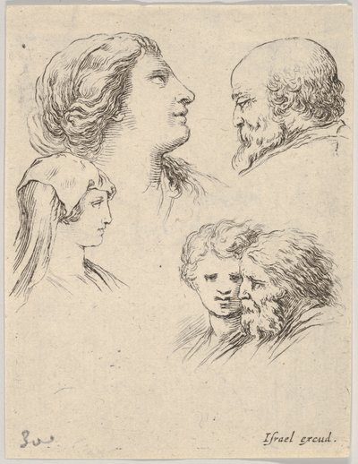 Talíř 9: pět hlav, dvě mladé ženy vlevo, vousatý muž vpravo nahoře, mladá žena..., ca. 1649. od Stefano della Bella