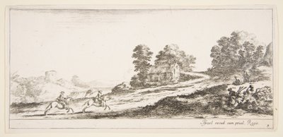 Talíř 9: dva jezdci vlevo cválající do kopce vpravo, kůň a sedící m..., ca. 1641. od Stefano della Bella