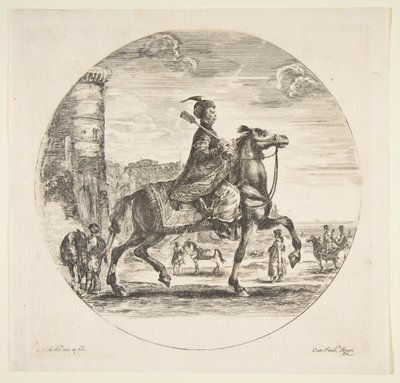 Polský jezdec z profilu vpravo, věž a další postavy na koních v pozadí..., ca. 1651. od Stefano della Bella