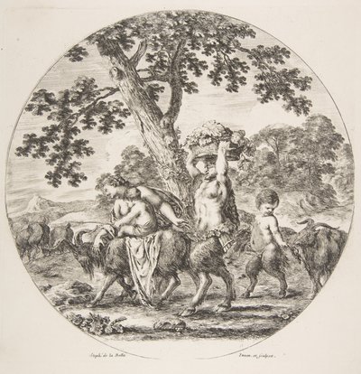 Satyrská rodina kráčející vlevo se dvěma kozami a košem hroznů, ca. 1657. od Stefano della Bella