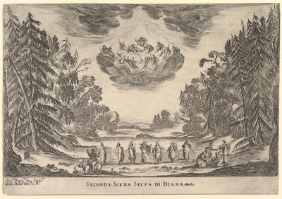 Druhá scéna, v Dianině lese, ze svatby bohů Le nozze degli Dei, 1637. od Stefano della Bella