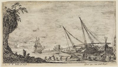 Mořské scenérie (Paysages maritimes): Přístav s námořníky a dělníky, kteří přepravují dřevěné klády od Stefano della Bella