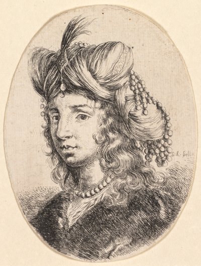 Několik hlav v perském stylu: Portrét, Sultana na sobě perlový náhrdelník a turban..., 1649 od Stefano della Bella