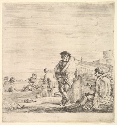 Stojící námořník uprostřed mluví se sedícím levantským mužem vlevo, viděno z profilu..., ca. 1658-63. od Stefano della Bella