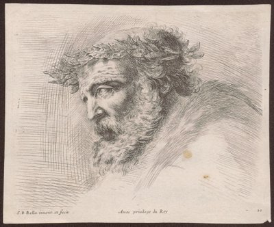 Studie hlavy vousatého starce s vavřínovým věncem, z profilu, obráceného doleva, ze série Principii del disegno od Stefano della Bella