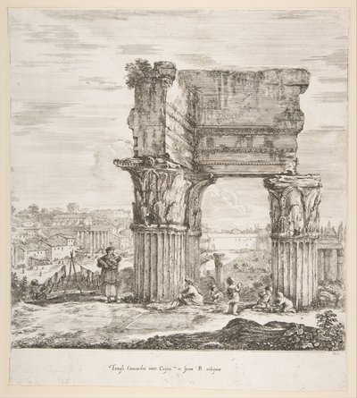 Vespasiánův chrám a Forum Romanum, ze šesti velkých pohledů, čtyř na Řím a dvou ..., 1656. od Stefano della Bella