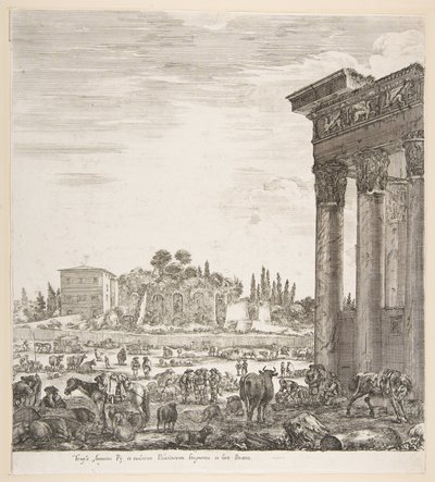 Sloupce Antoninova chrámu vpravo, část Campo Vaccino uprostřed a..., 1656. od Stefano della Bella