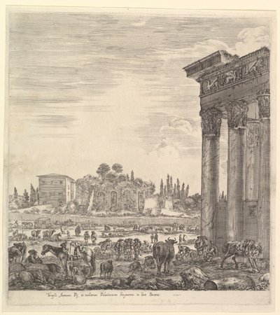 Sloupce Antoninova chrámu vpravo, část Campo Vaccino uprostřed a..., 1656. od Stefano della Bella