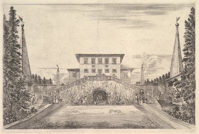 Vila uprostřed lemovaná čtyřmi obelisky, schodištěm na obě strany, sochou v ..., ca. 1653. od Stefano della Bella