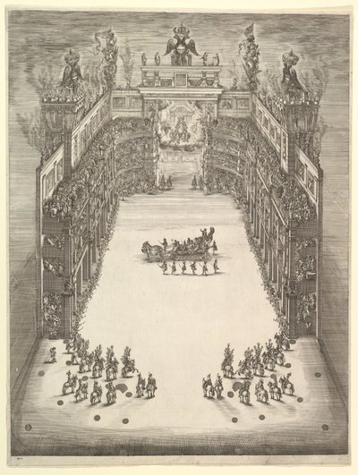 Divadlo v Modeně, viděné shora a plné diváků, s triumfálním vozem v cen..., 1652. od Stefano della Bella