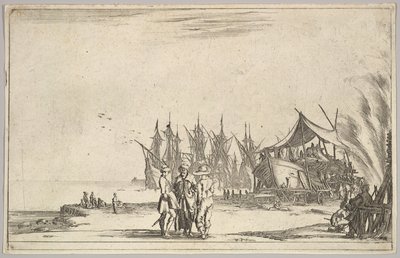 Tři muži v klobouku stojící uprostřed, muži připevňující loď doprava, pět lodí a různé..., 1639. od Stefano della Bella