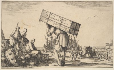 Titulní strana: muž nesoucí pouzdro na zádech uprostřed, tři muži se k němu dívají na ..., 1639. od Stefano della Bella