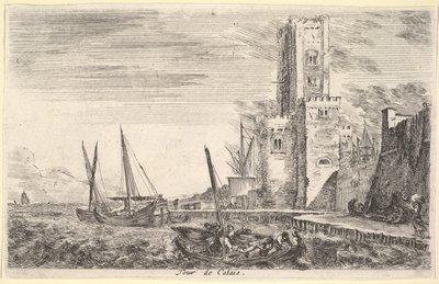 Věž Calais Tour de Calais, věž vpravo, dvě lodě v moři vlevo a uprostřed..., 1647. od Stefano della Bella