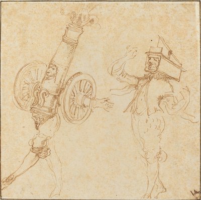 Dva muži v maškarních kostýmech: Střelba z děla a kočka uvnitř pasti na myši, c. 1645. od Stefano della Bella