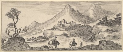 Dva jezdci sjíždějí z kopce uprostřed, za dalším mužem pěšky, hrad v ..., ca. 1641. od Stefano della Bella
