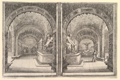 Dva pohledy na jeskyni, oba pohledy s fontánou se sedící sochou, při pohledu z ..., ca. 1653. od Stefano della Bella